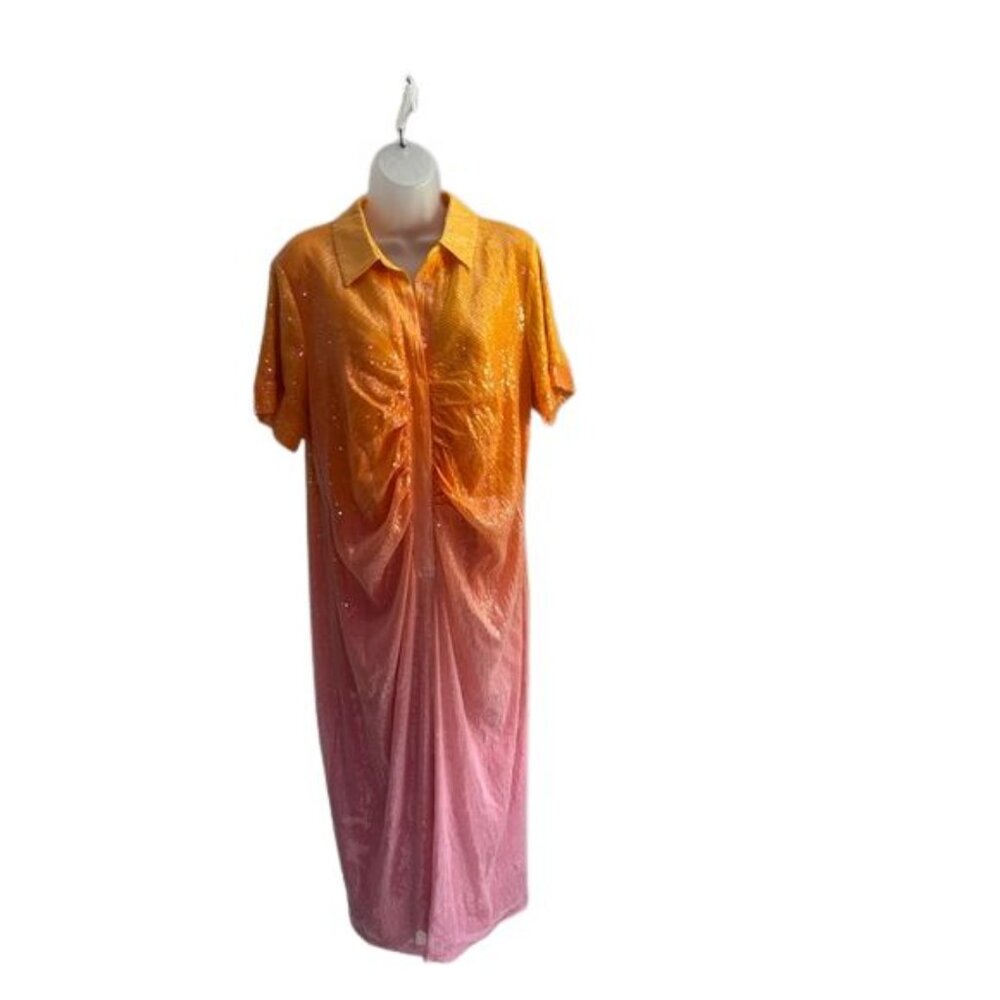 Eloquii Ombre Orange to Pink Button-Front Midi Dress